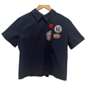 Kamisita Women's Navy Button-Up Shirt Tie Patches Short‎ Sleeve SZ L